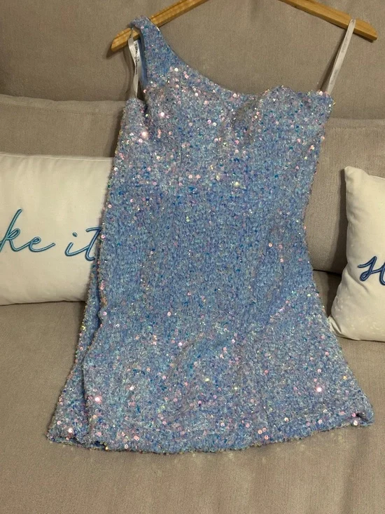 Sherri Hill Light Blue Sequin One Shoulder Mini Dress Size 6 Prom Party - Picture 4 of 6